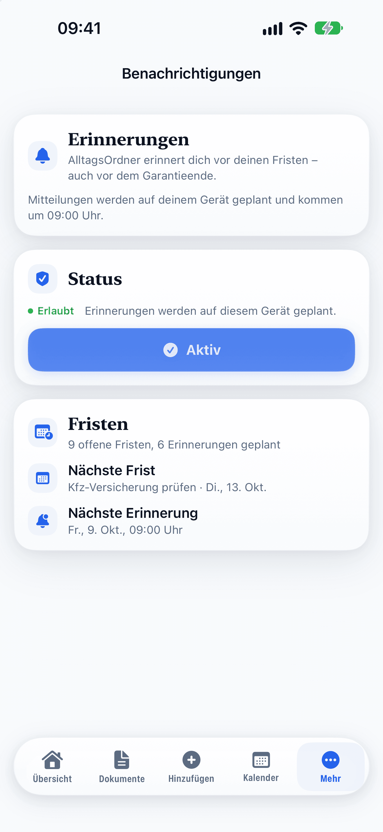 Benachrichtigungen: Erinnerungen um 09:00 Uhr, nächste Frist und nächste Erinnerung