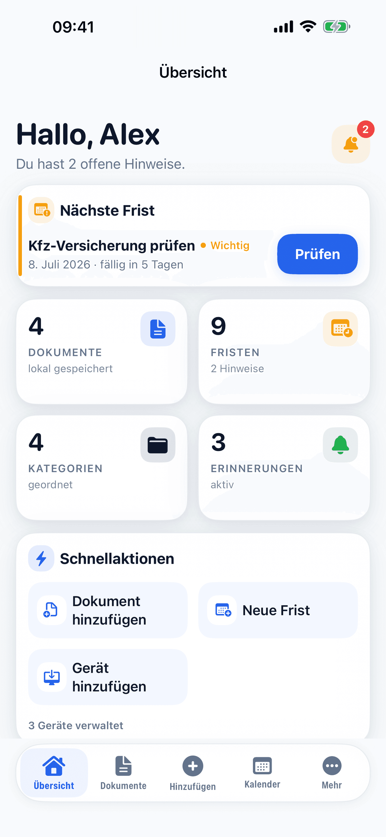 Start: nächste Fristen, Garantien und zuletzt abgelegte Dokumente