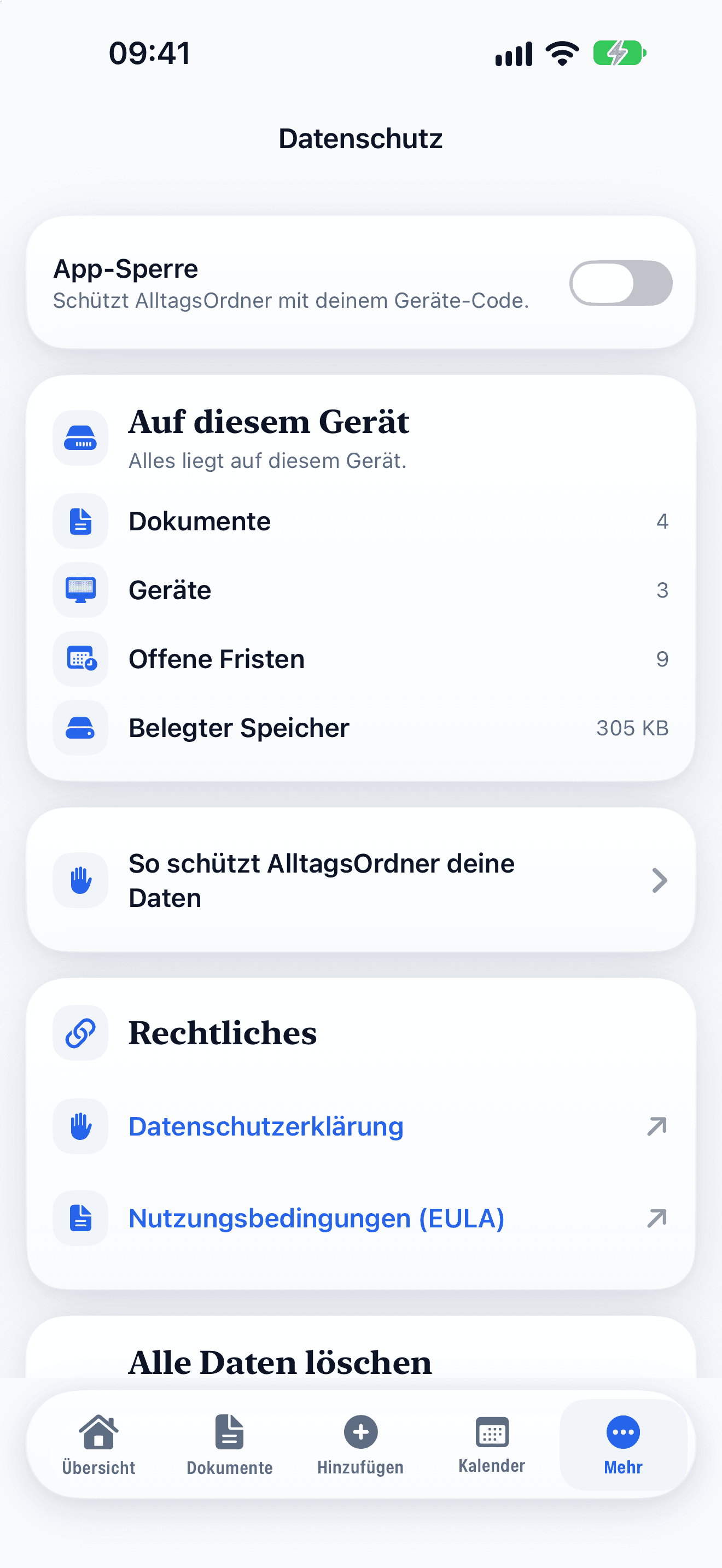 Datenschutz: App-Sperre, alles liegt auf diesem Gerät, „Alle Daten löschen“