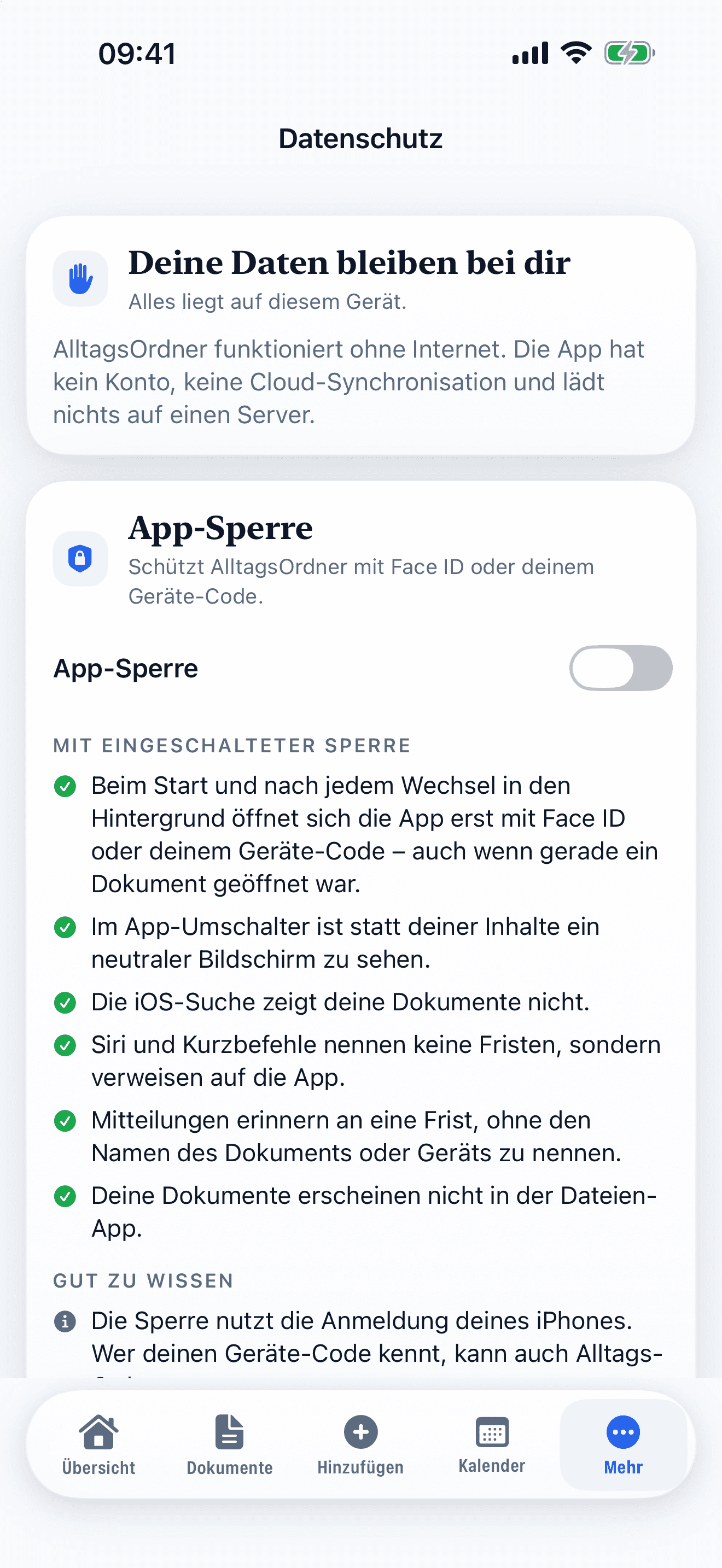 Datenschutz: alles lokal, App-Sperre mit Face ID