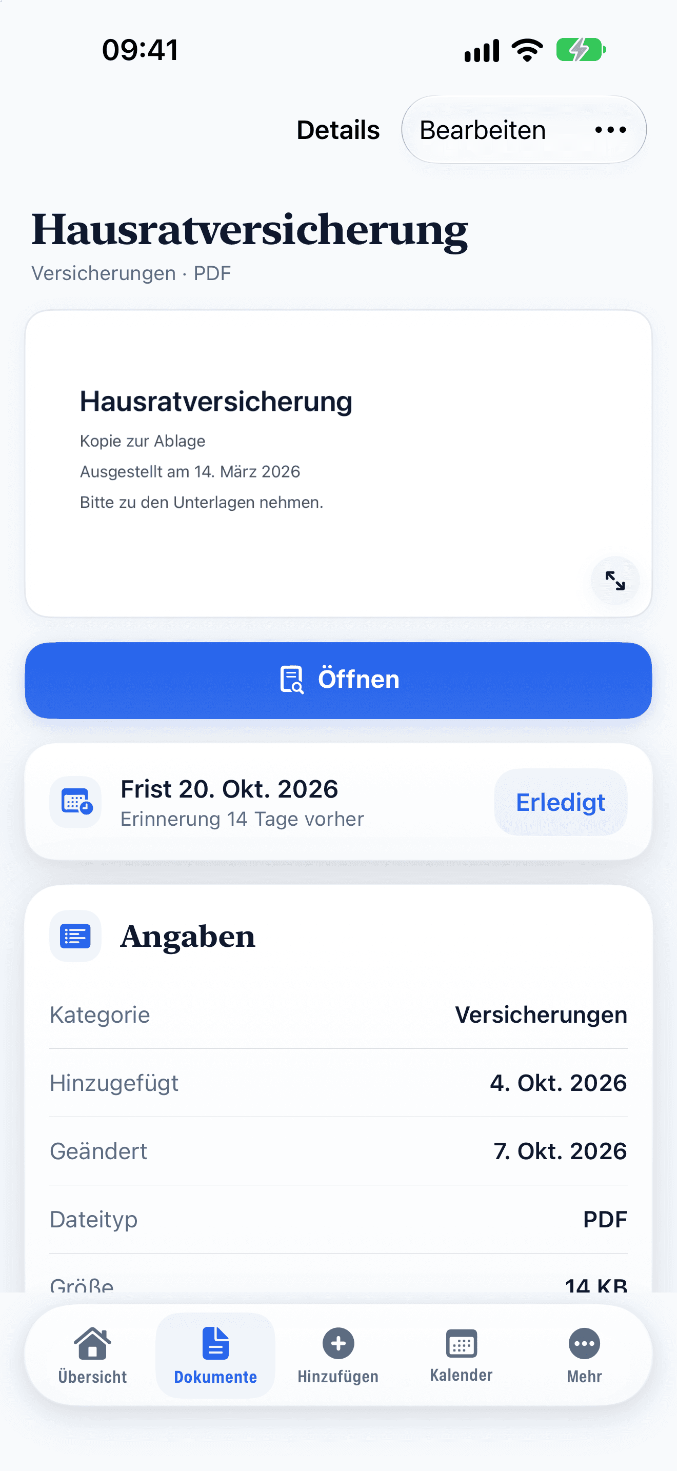 Dokument-Detail: Vorschau, Öffnen, Frist mit Erinnerung und „Erledigt“