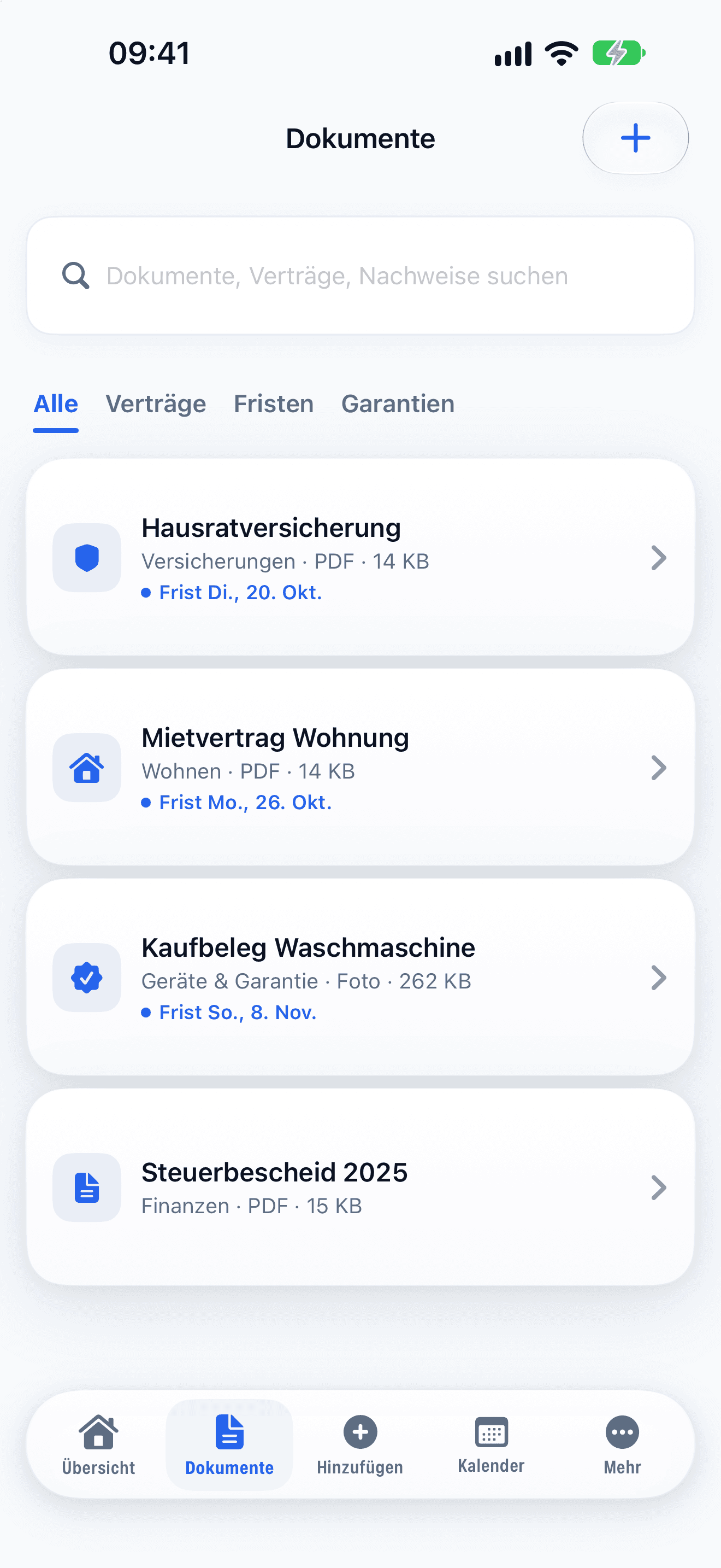 Dokumente mit Suche und Filtern: Verträge, Fristen, Garantien