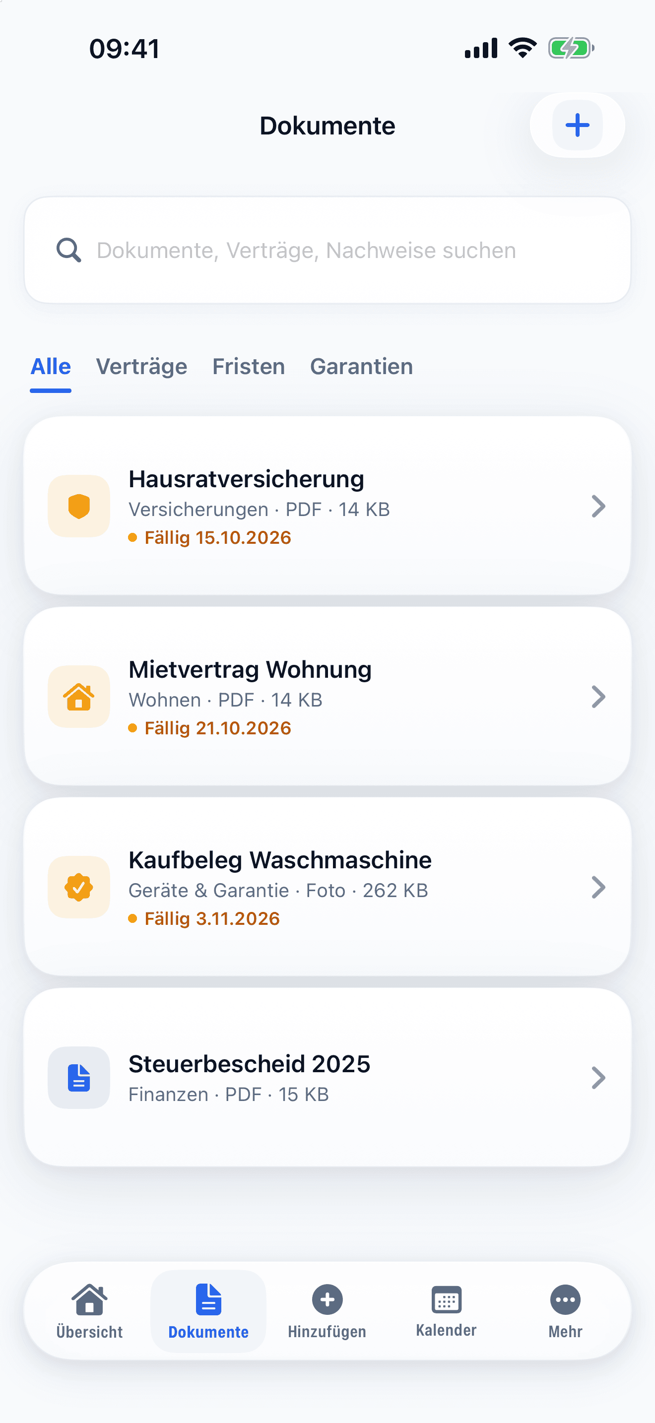 Dokumente mit Suche und Filtern: Verträge, Fristen, Garantien