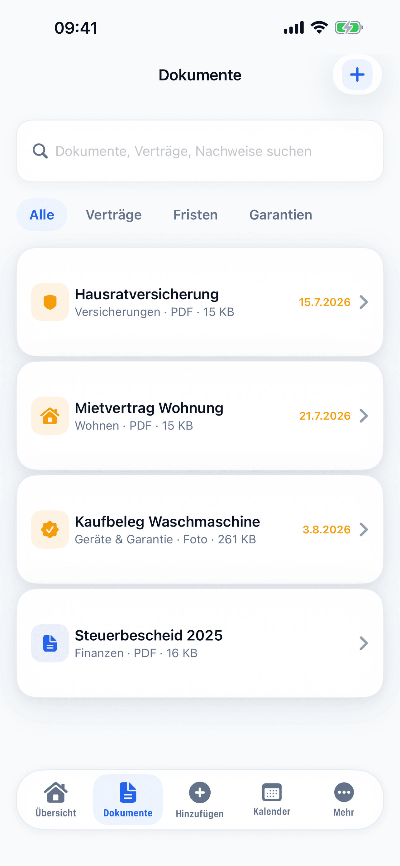 Dokumente nach Kategorien, mit Suche und Filtern