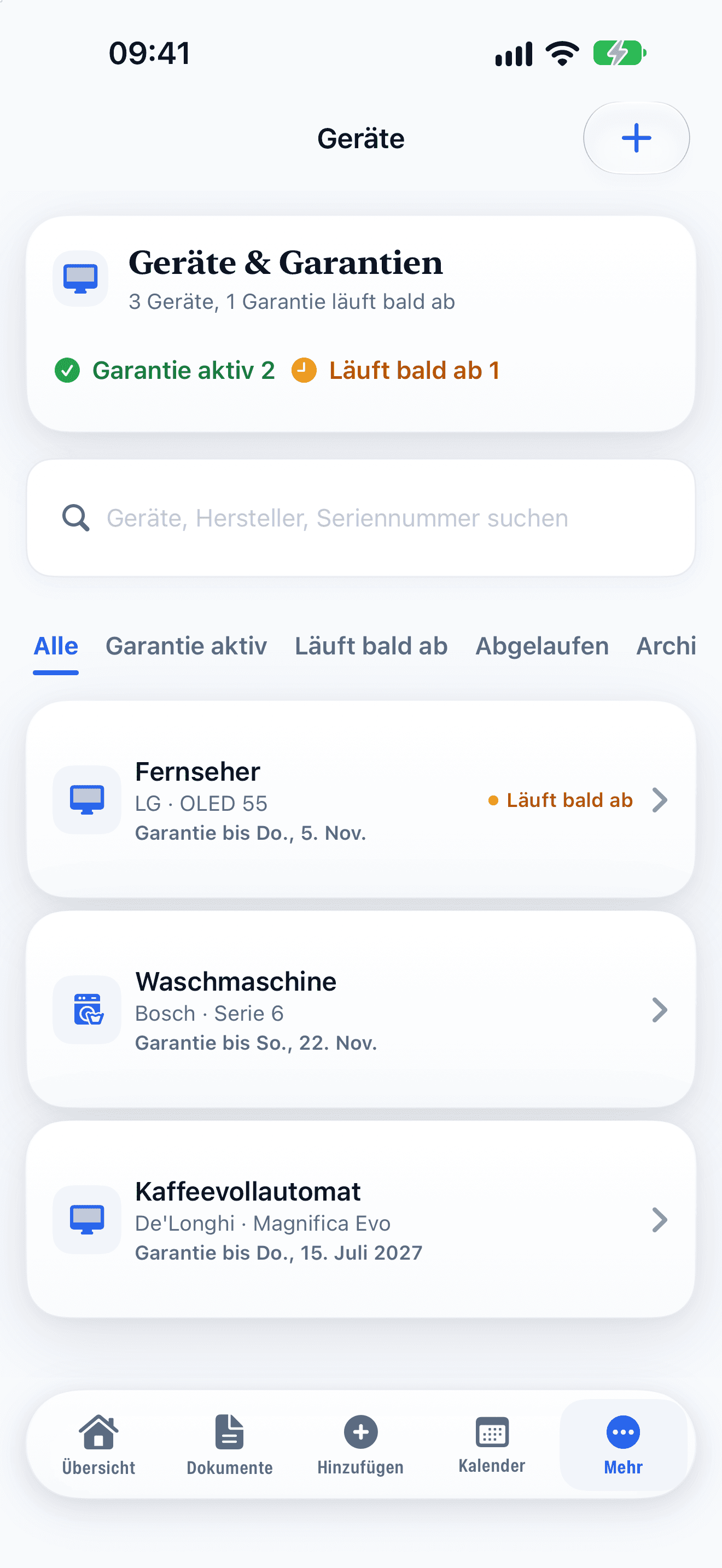 Geräte & Garantien mit „Garantie aktiv“ und „Läuft bald ab“