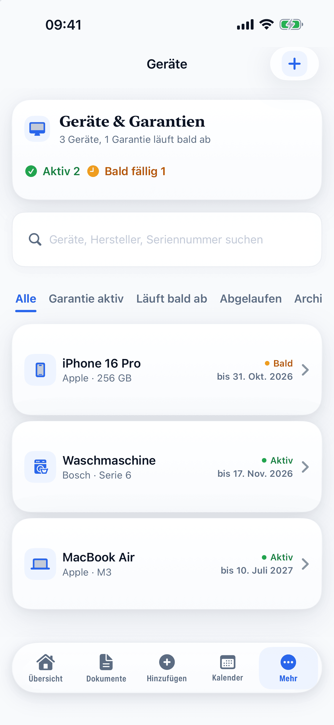 Geräte und Garantien mit Status „Aktiv“ und „Bald“