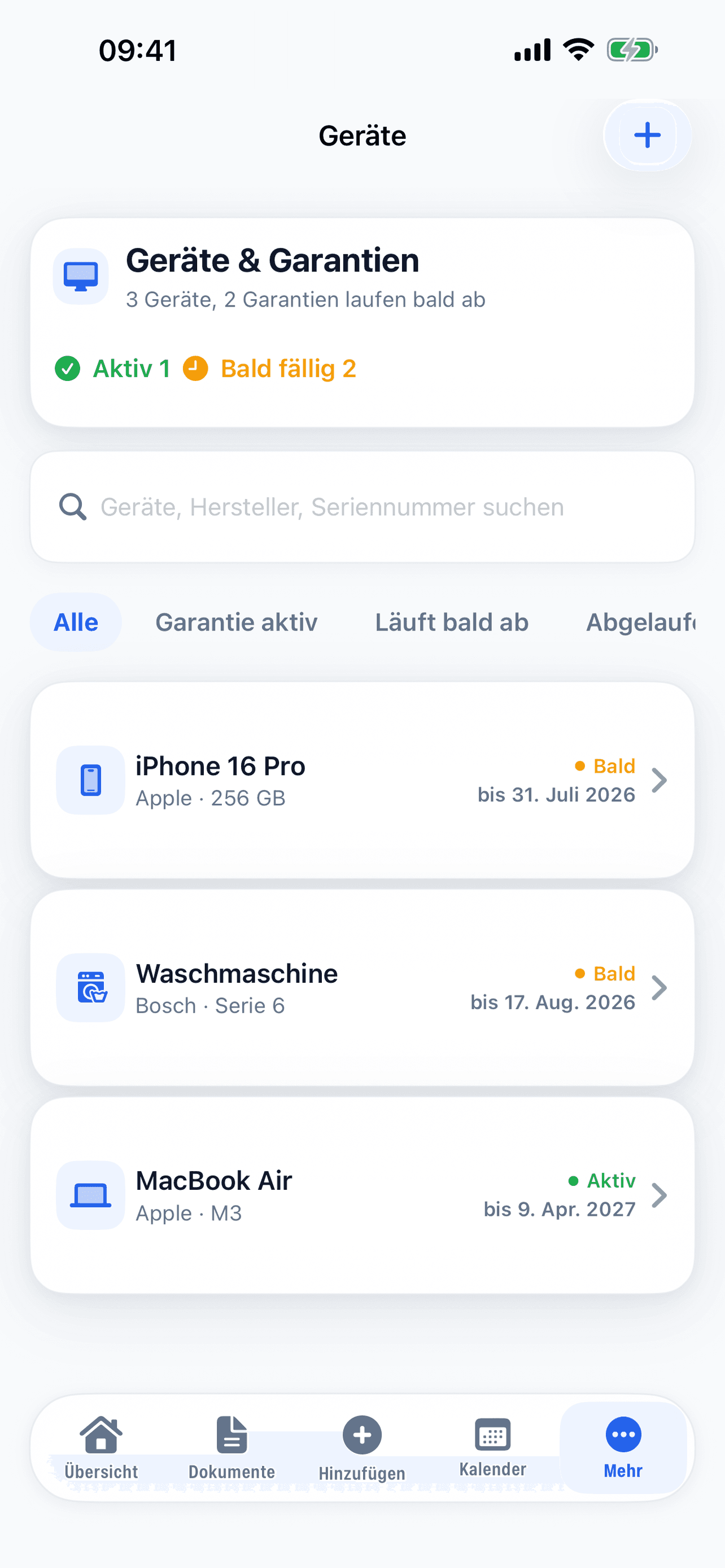 Geräte und Garantien mit Status und Beleg