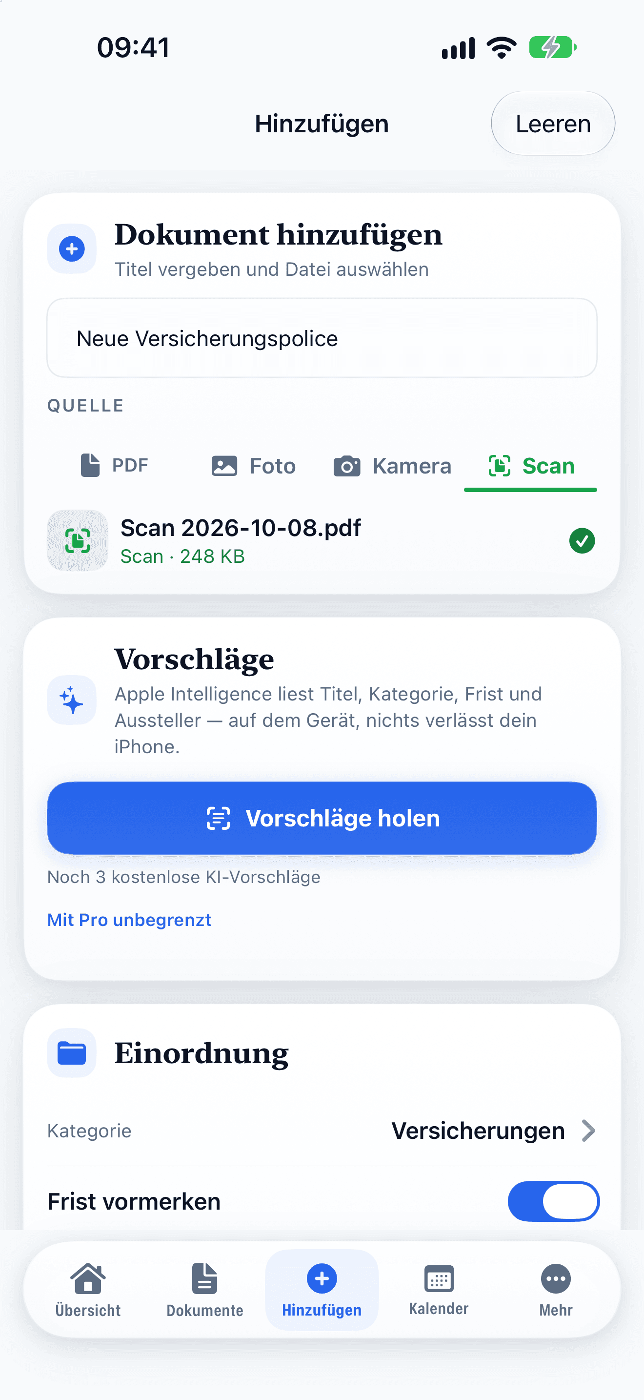 Dokument hinzufügen: Quelle Scan, Vorschläge für Titel, Kategorie und Frist
