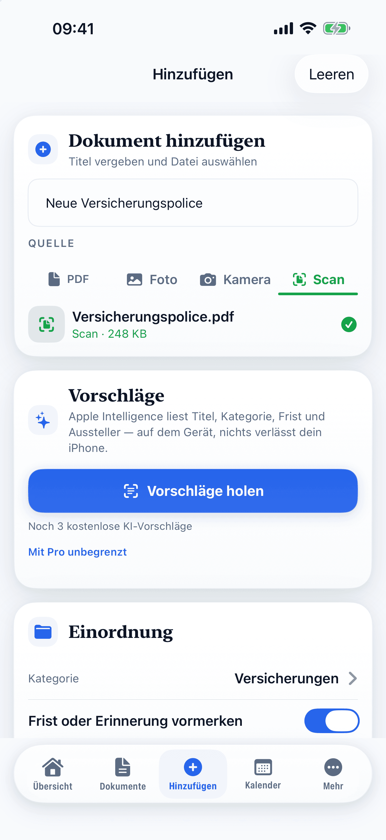 Dokument hinzufügen: Vorschläge für Titel, Kategorie und Frist