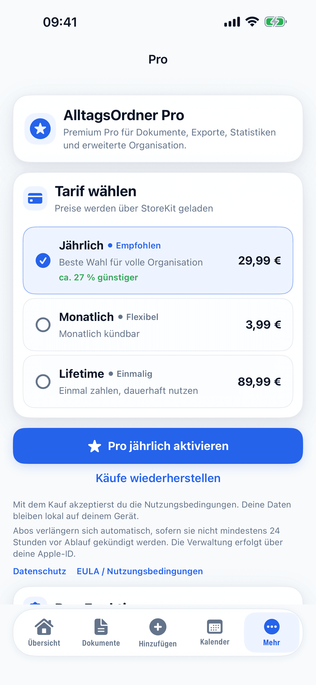 Pro: unbegrenzte Dokumente, Fristen, Geräte und PDF-Export