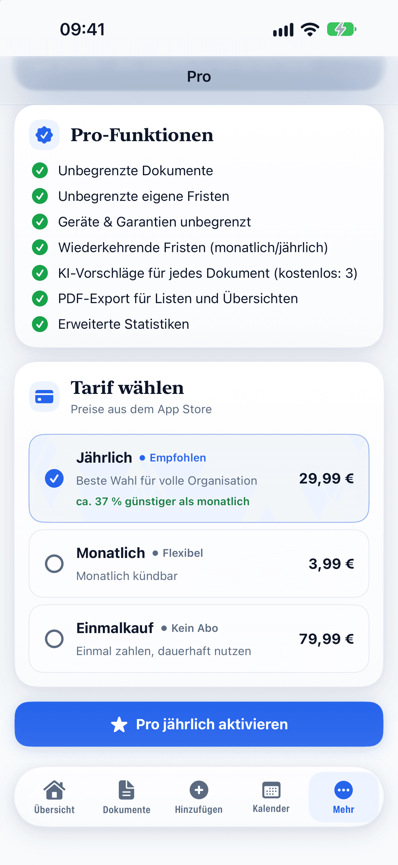Pro: jährlich, monatlich oder als Einmalkauf