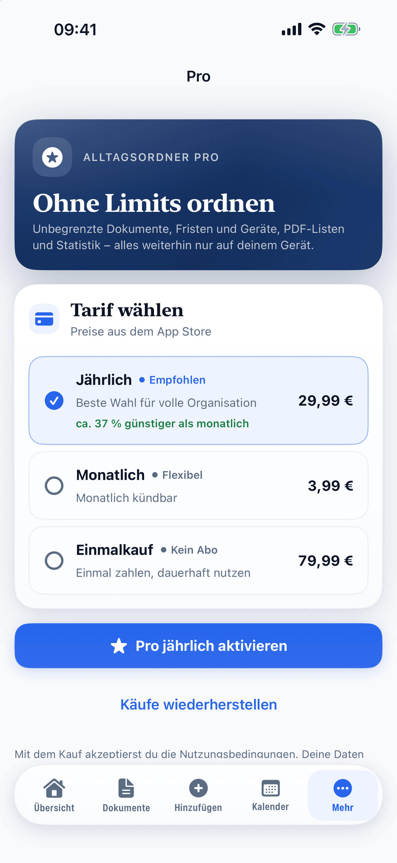 Pro: jährlich, monatlich oder als Einmalkauf