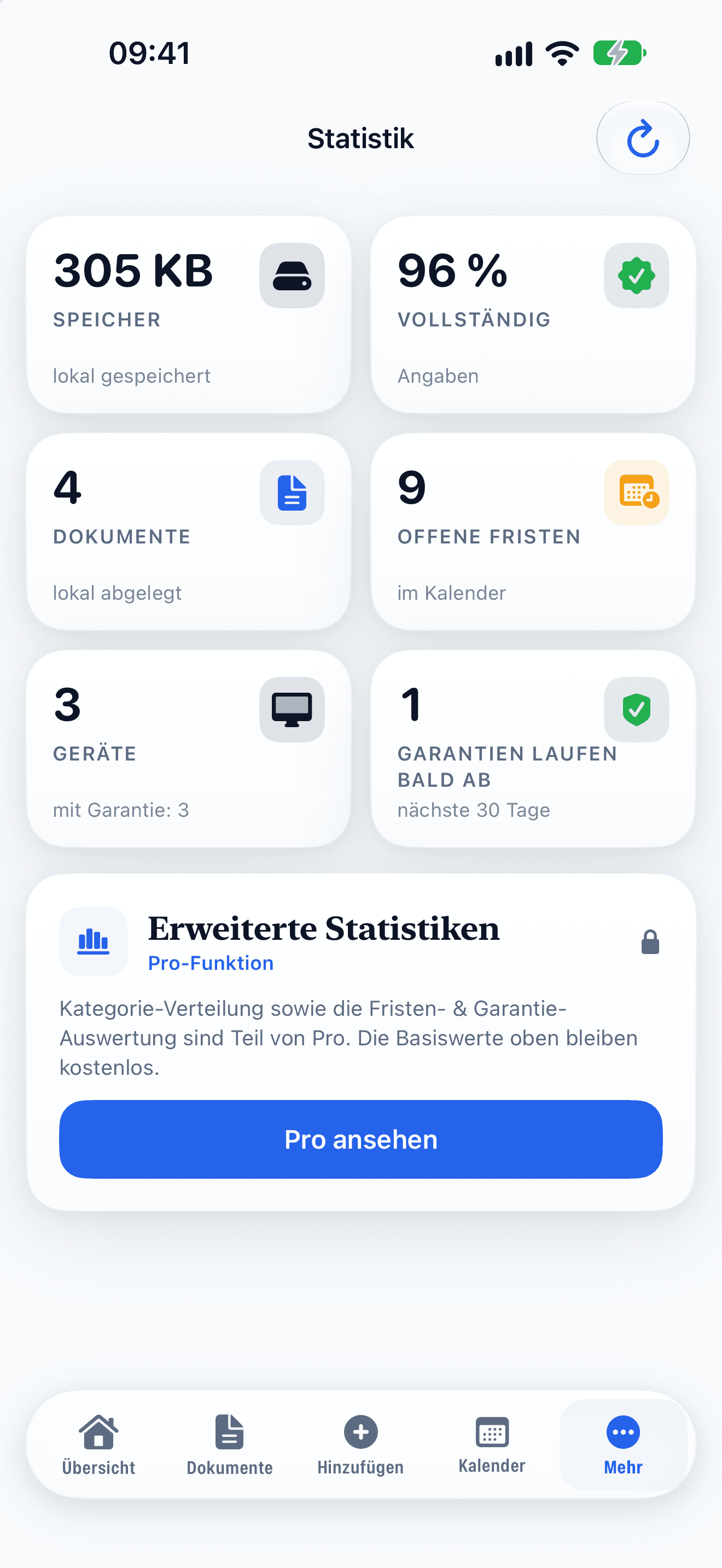 Statistik: Speicher, Dokumente, offene Fristen, Geräte; erweiterte Auswertung in Pro