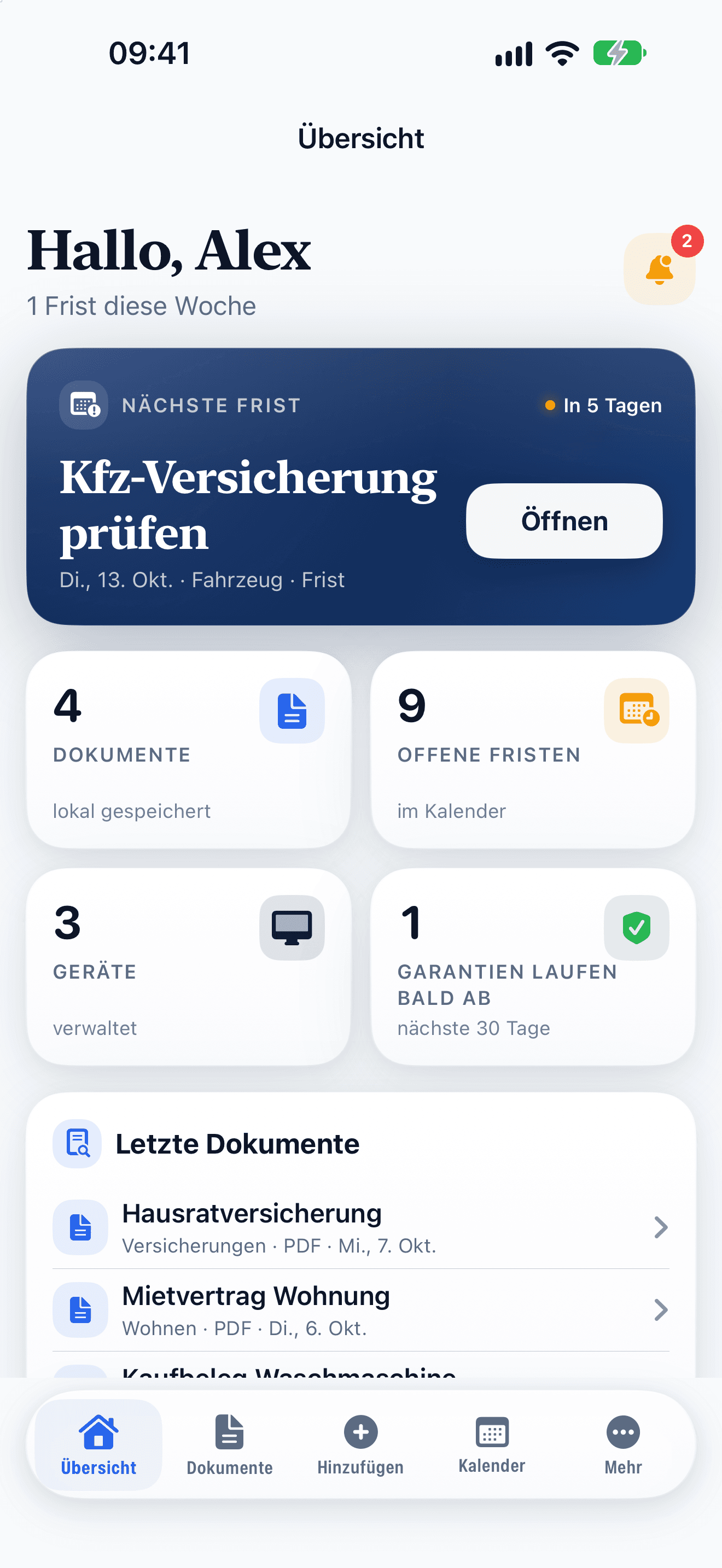 Übersicht: nächste Frist, Zähler für Dokumente, offene Fristen, Geräte und bald ablaufende Garantien