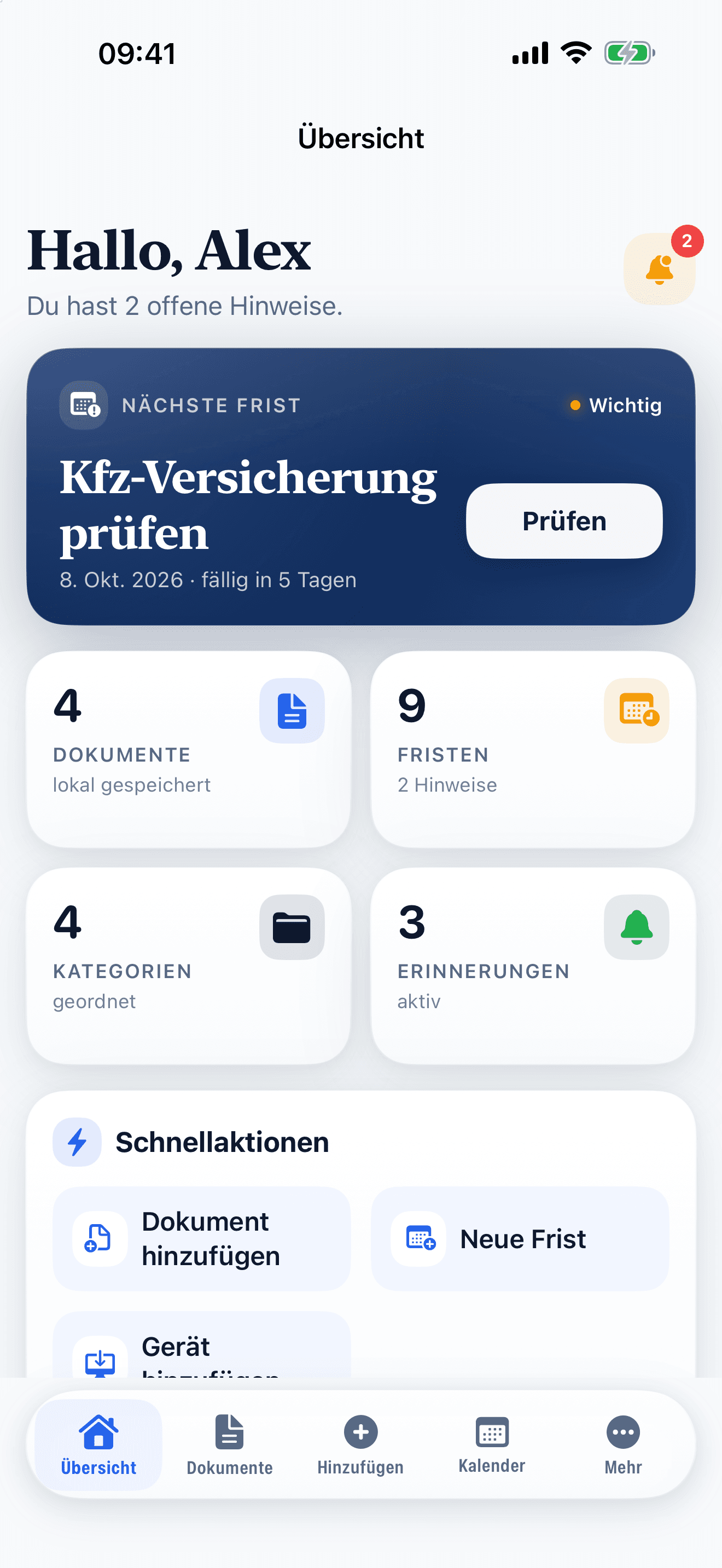 Übersicht: nächste Frist, Zähler für Dokumente, Fristen und Erinnerungen